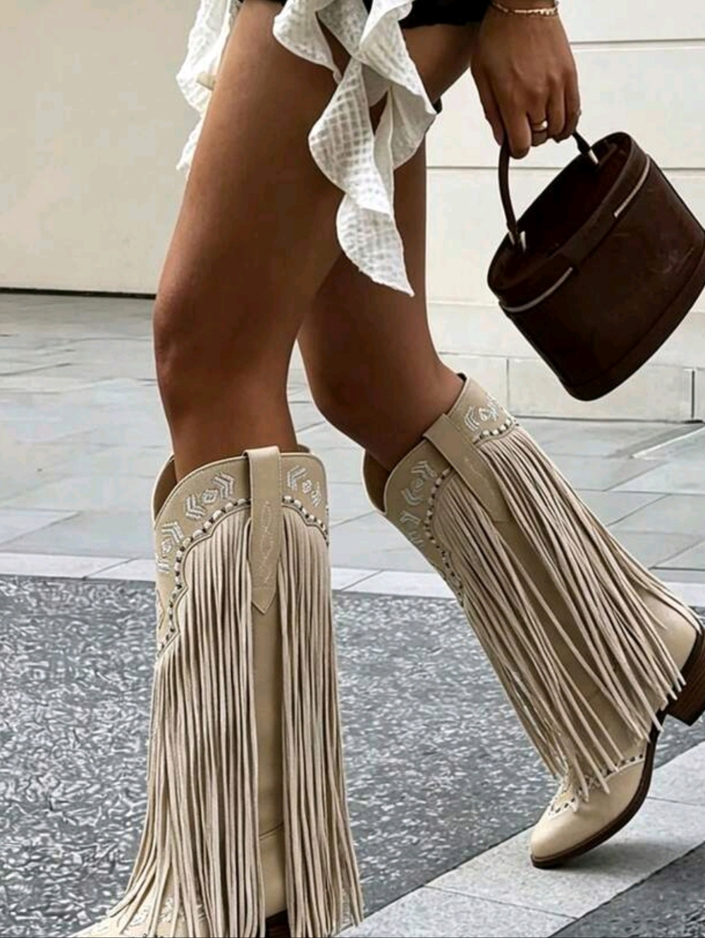 Fringe Knee-High Western Boots - Beige - Picture 6 of 9